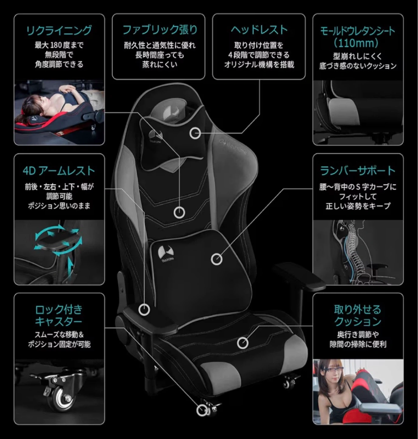 Bauhutte バウヒュッテ ゲーミング座椅子 GX-530-BK 黒 ブラックの写真4枚目