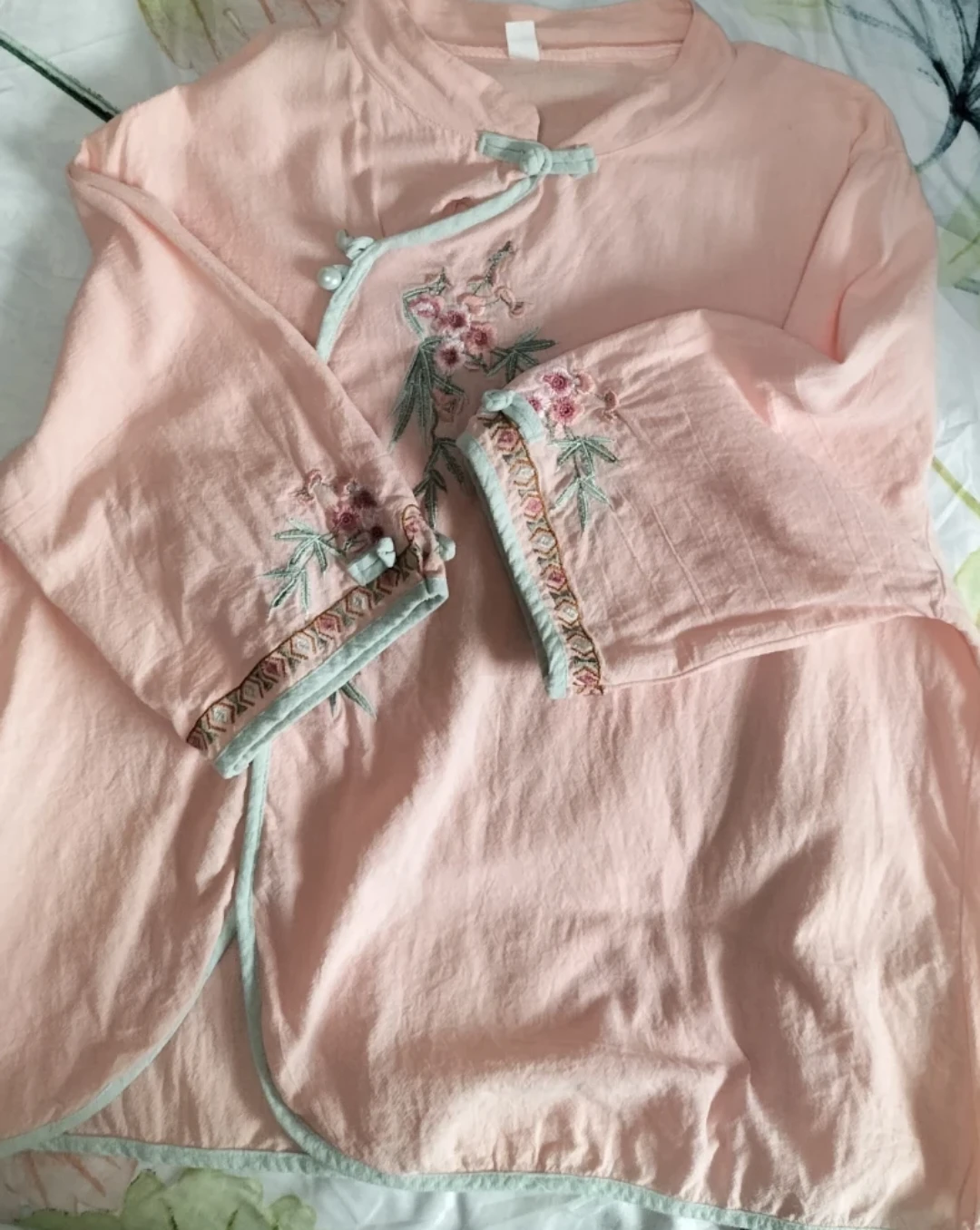チャイナ風ブラウス 刺繍 ピンク
