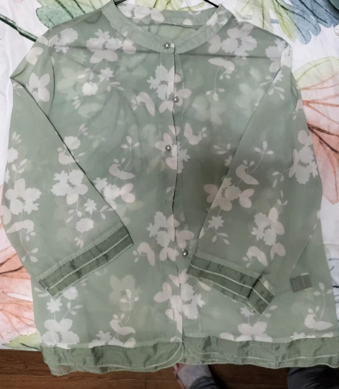 シアー 花柄 ブラウス グリーン