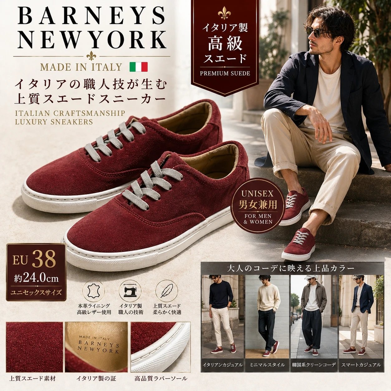 BARNEYS NEW YORK スエードスニーカー 約24cmレディース 本革