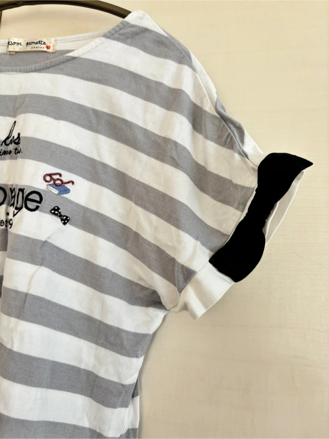 ポンポネット ボーダーTシャツ グレー×白L（160）の写真3枚目
