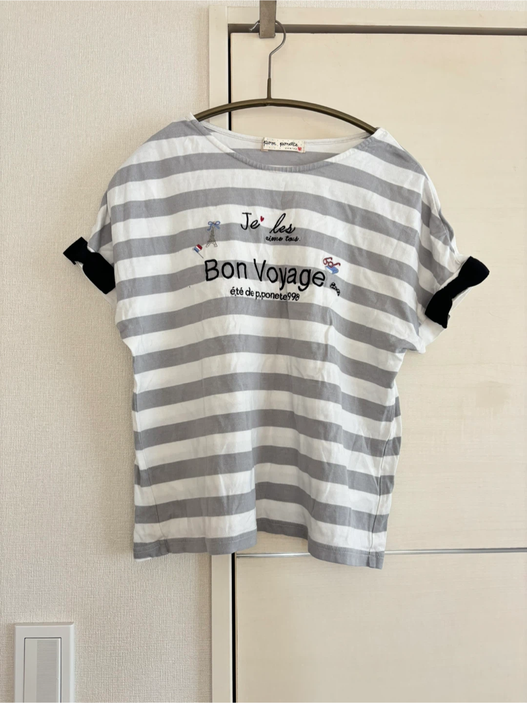 ポンポネット ボーダーTシャツ グレー×白L（160）