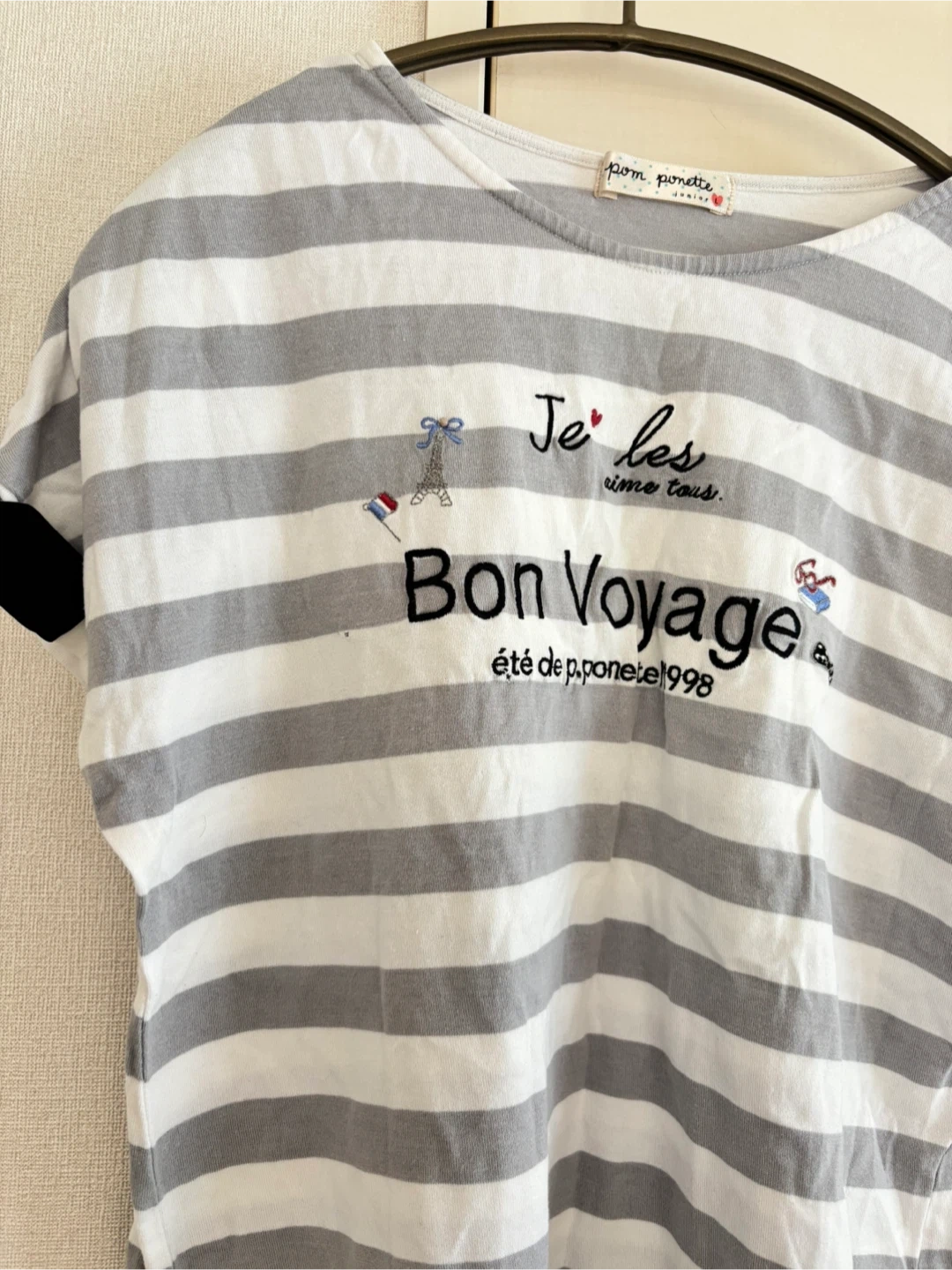 ポンポネット ボーダーTシャツ グレー×白L(160)の写真2枚目