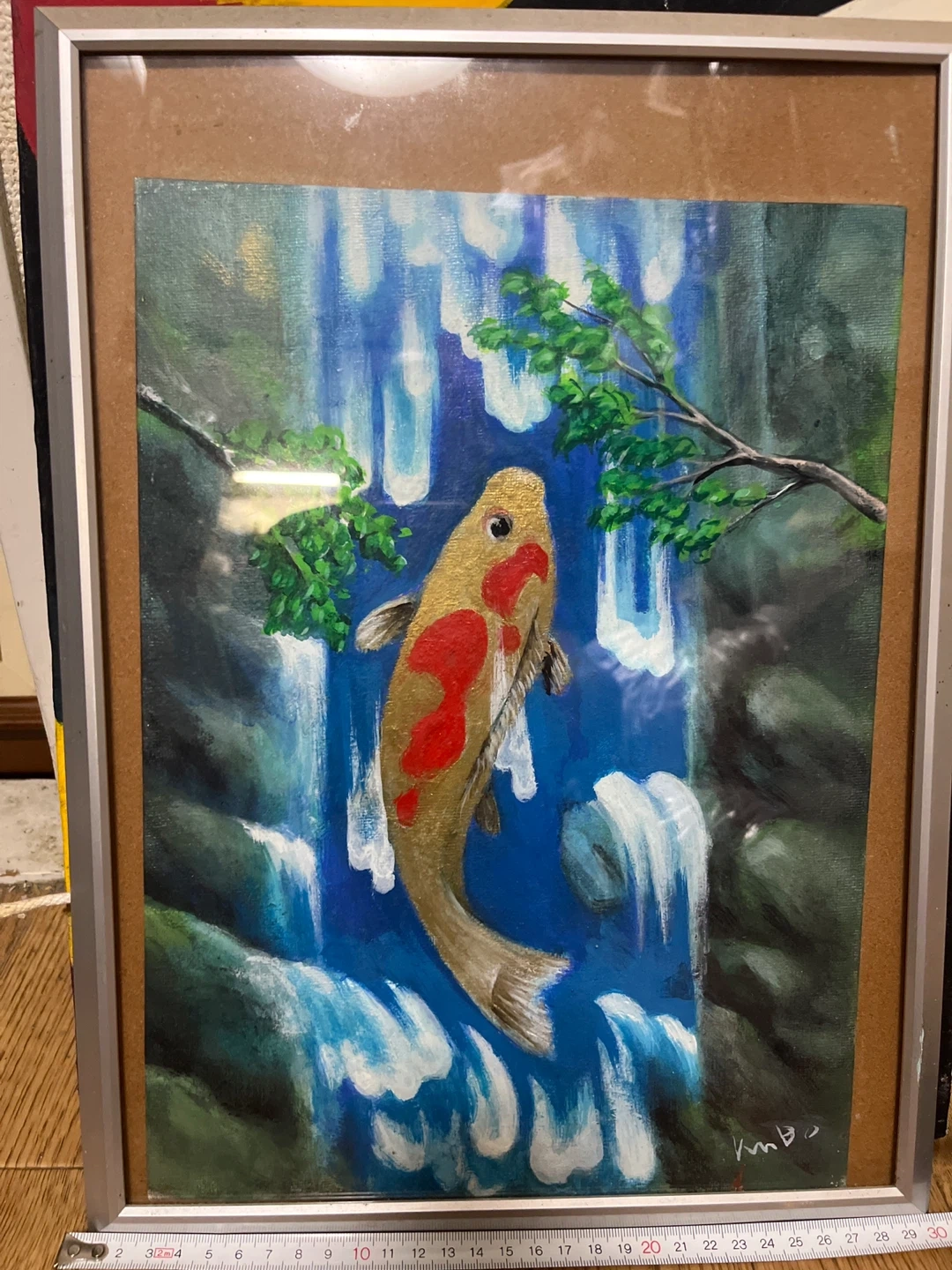 額縁入り 鯉の絵 滝 アートパネル