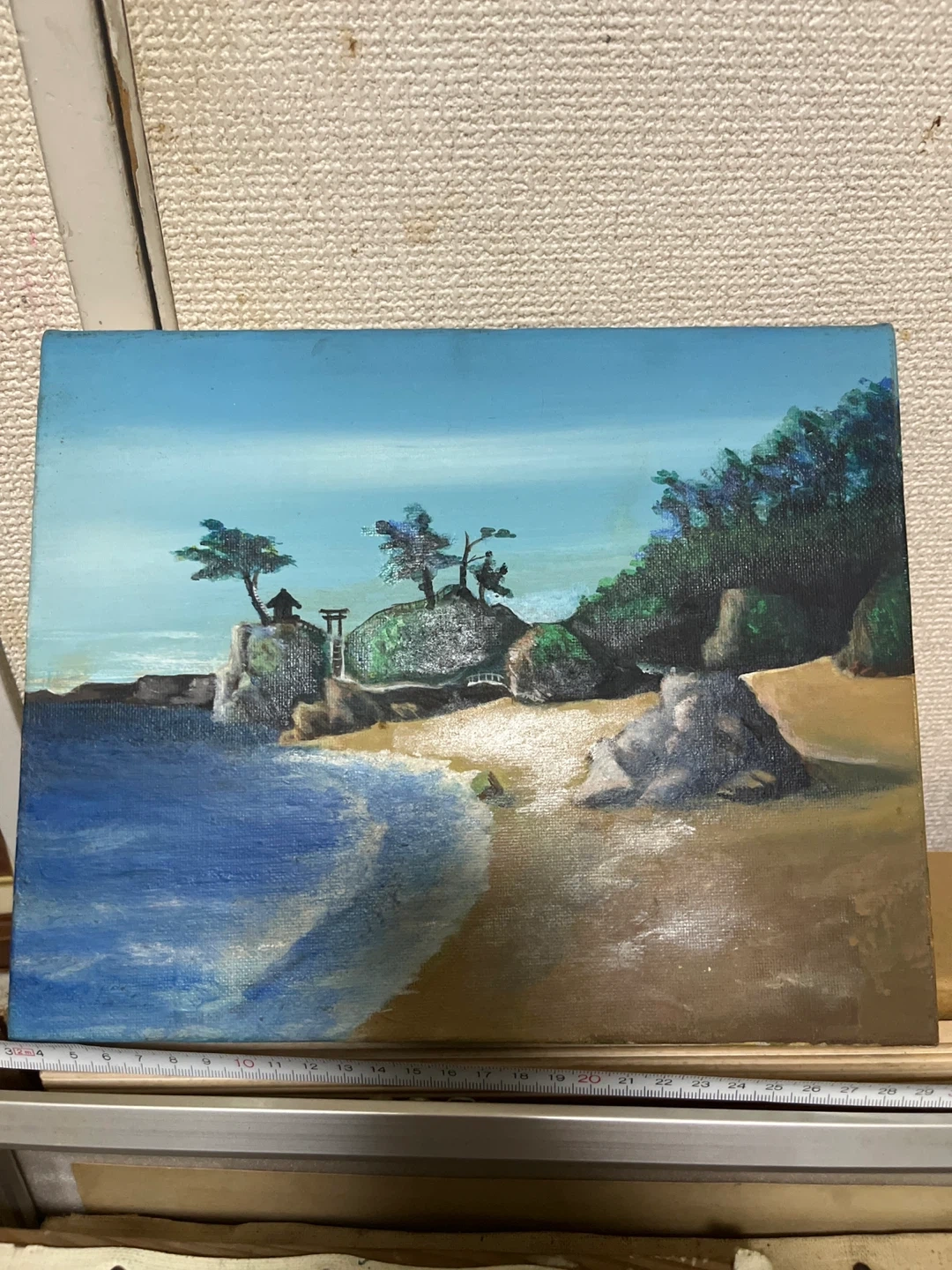 手描き 油絵 風景画 海辺の神社 F6サイズ