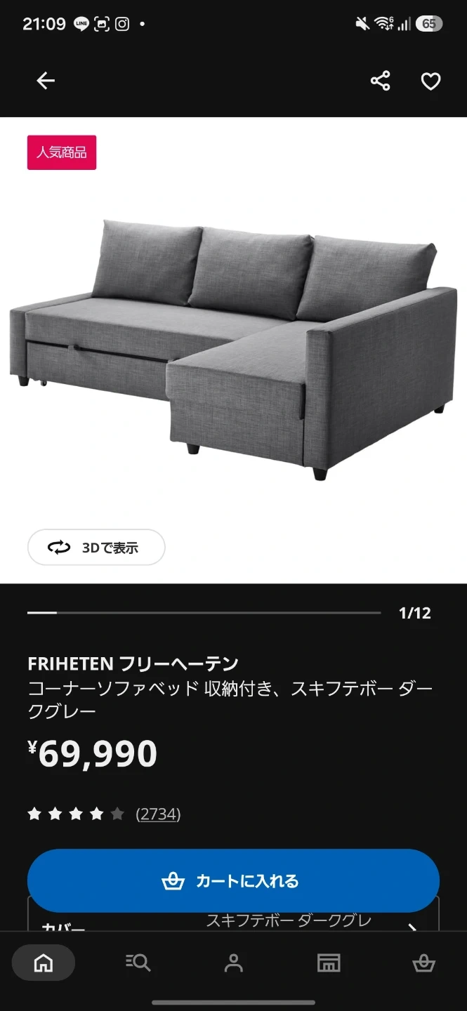 イケア フリーヘーテン ソファベッド 収納付き ダークグレーの写真3枚目