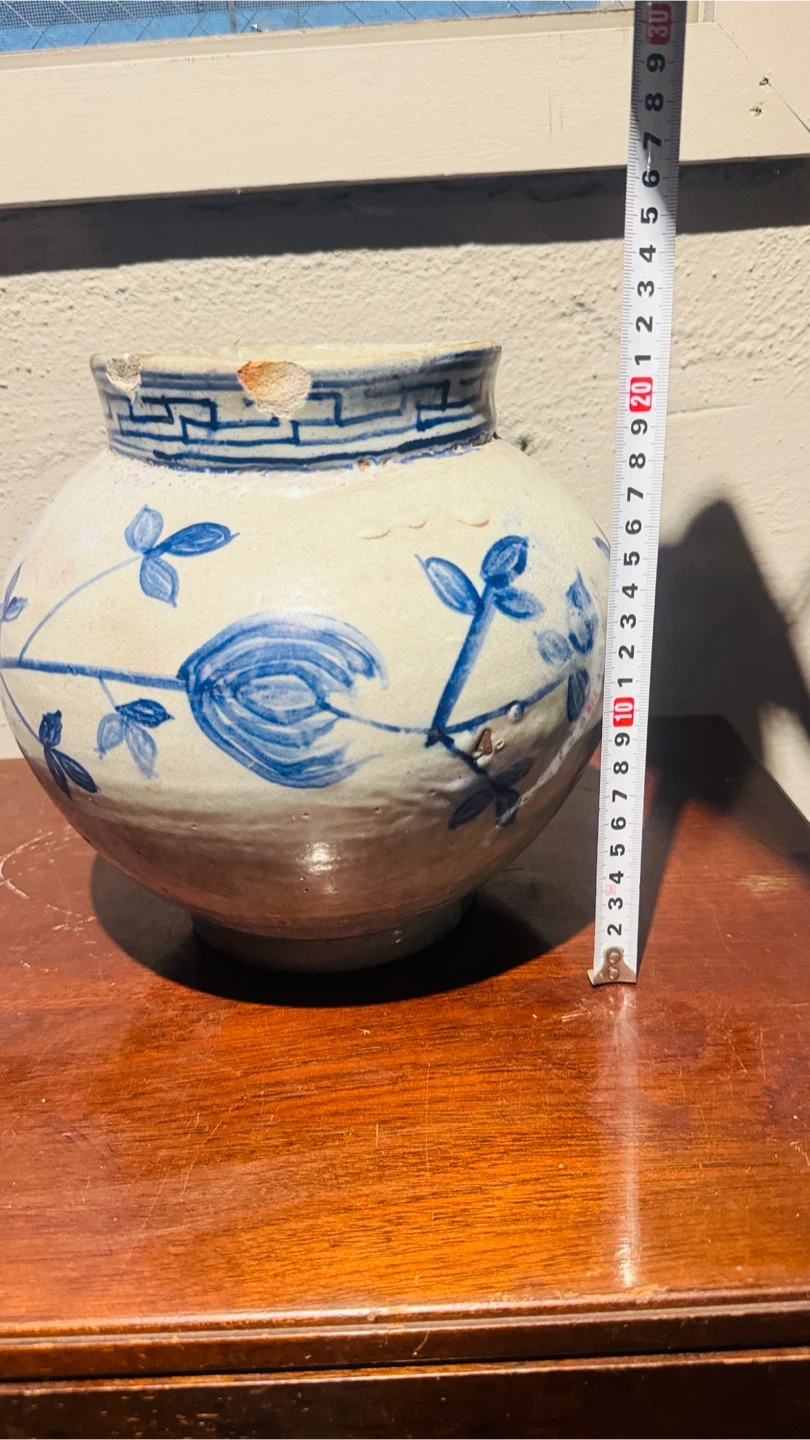 19世紀頃 李朝 青花 草花文 壺 朝鮮古陶磁 アンティーク 高さ約21cm 欠けあり 引取限定の写真5枚目