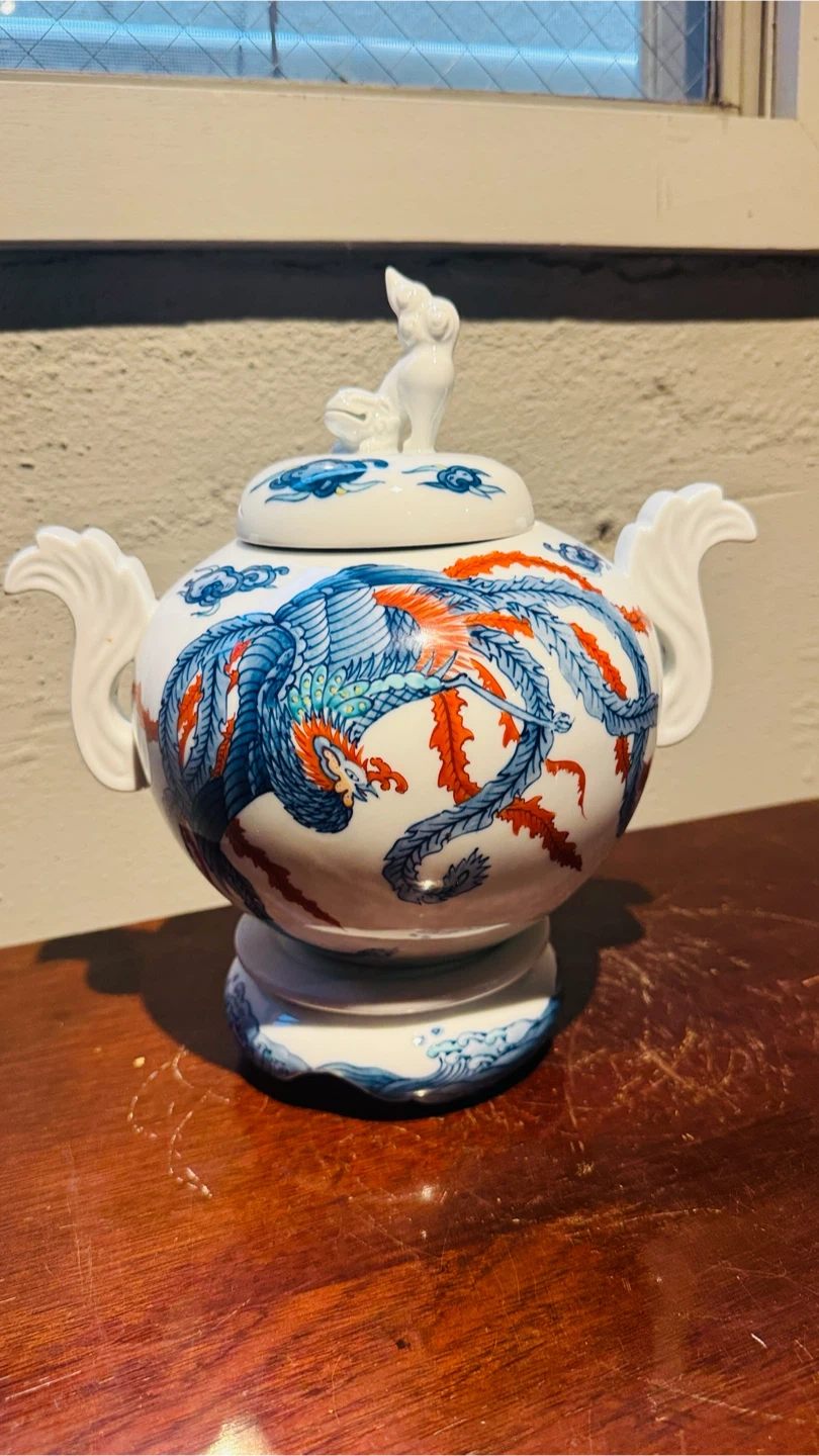 【美品】中国陶磁器 龍・鳳凰文 蓋付き壺 香炉 飾り壺 高さ約25cm インテリア 引き取り限定