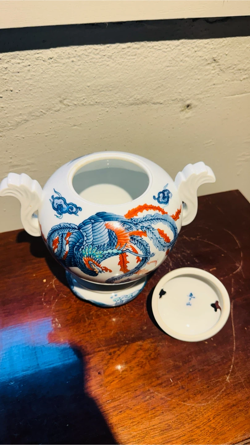 【美品】中国陶磁器 龍・鳳凰文 蓋付き壺 香炉 飾り壺 高さ約25cm インテリア 引き取り限定の写真5枚目