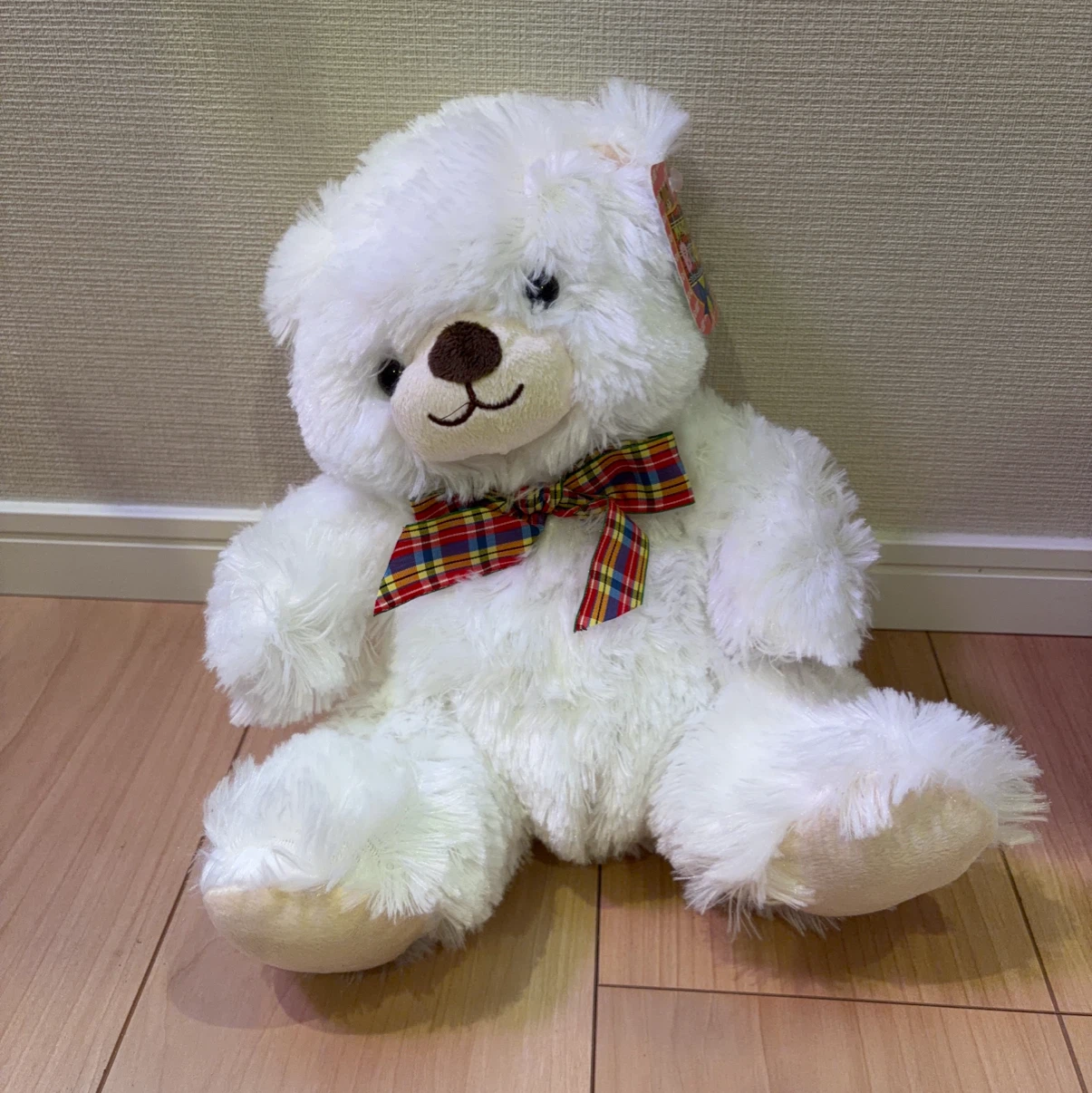くまのぬいぐるみ ホワイト チェック柄リボン