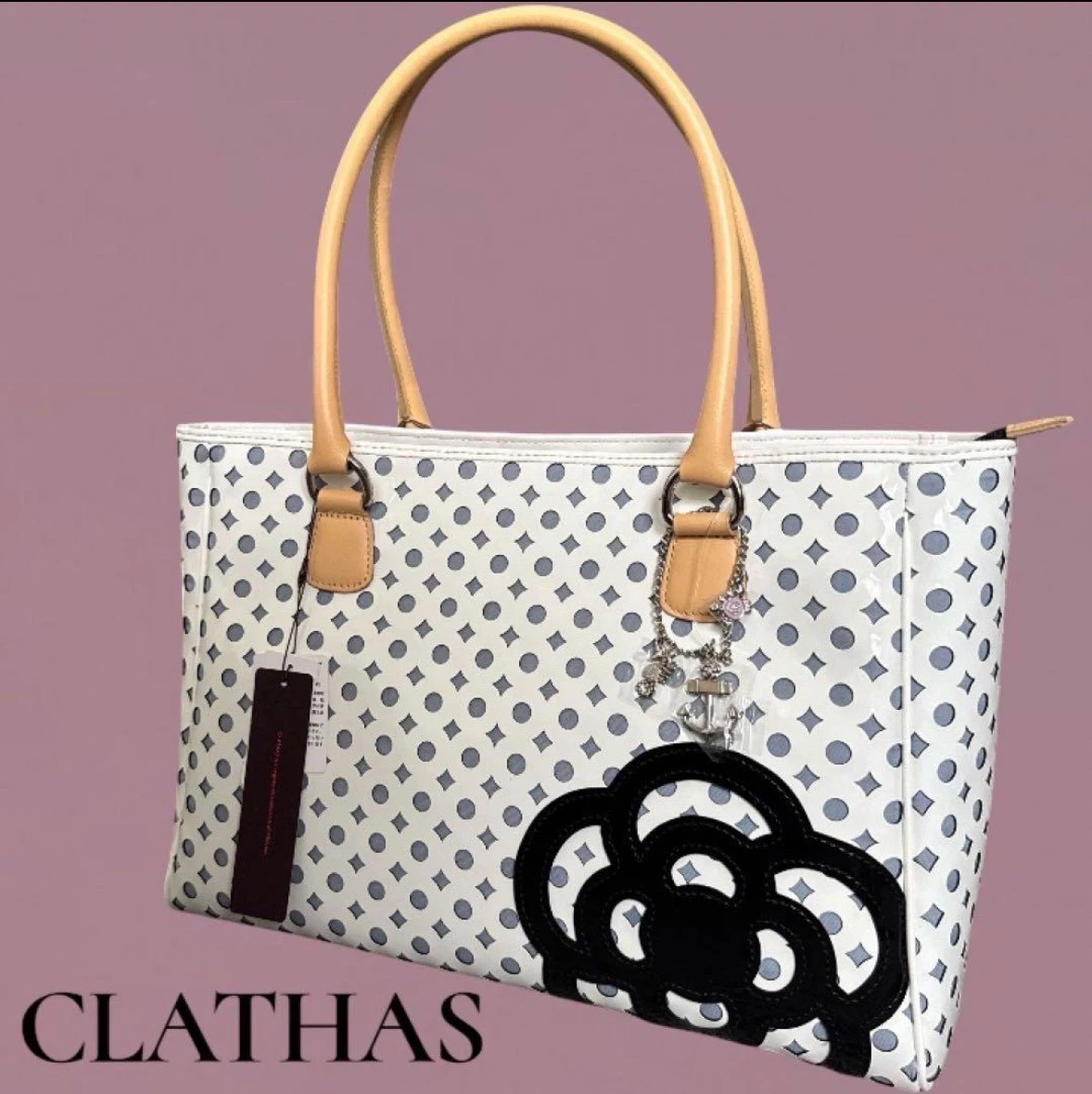 【未使用、タグ、保護ビニール付き】 CLATHAS クレイサス カメリア エナメル チャーム付き トートバッグ