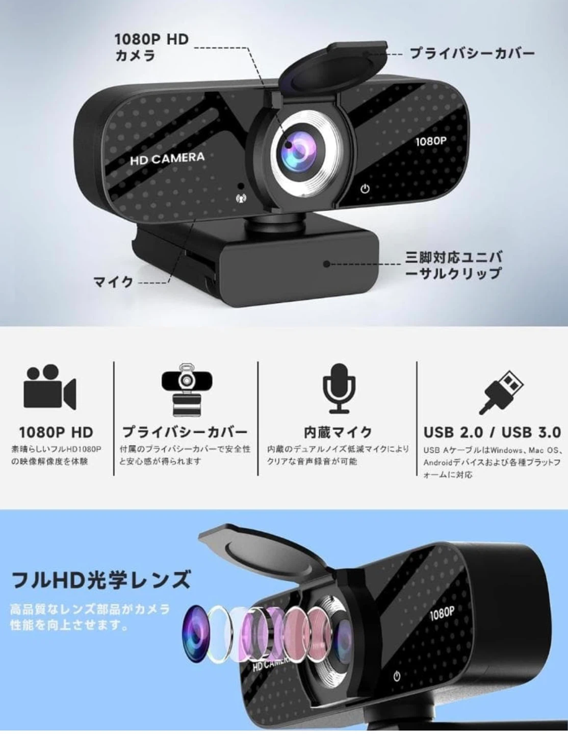 新品❤️フルHD 1080P ウェブカメラ Webカメラ HD 1080P プライバシーカバー付きの写真3枚目