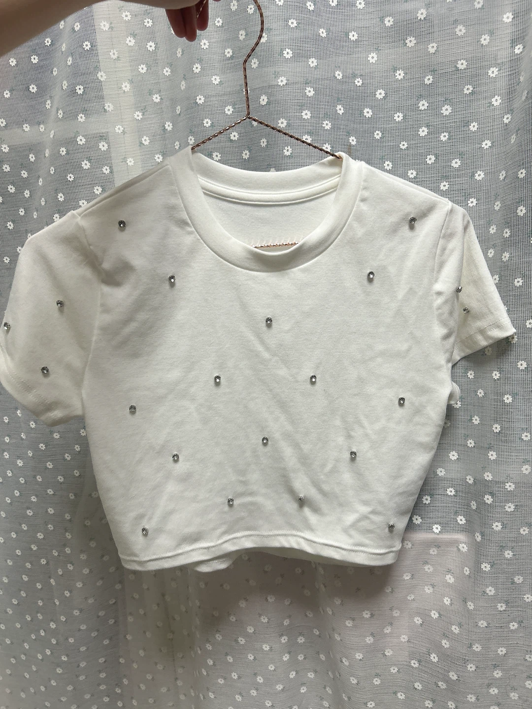 ビジュー付き ホワイト 半袖Tシャツ