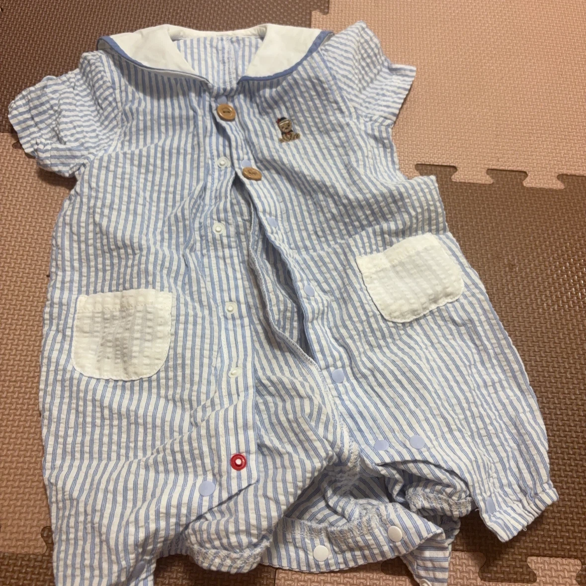 セーラー襟 ロンパース ブルー ストライプ