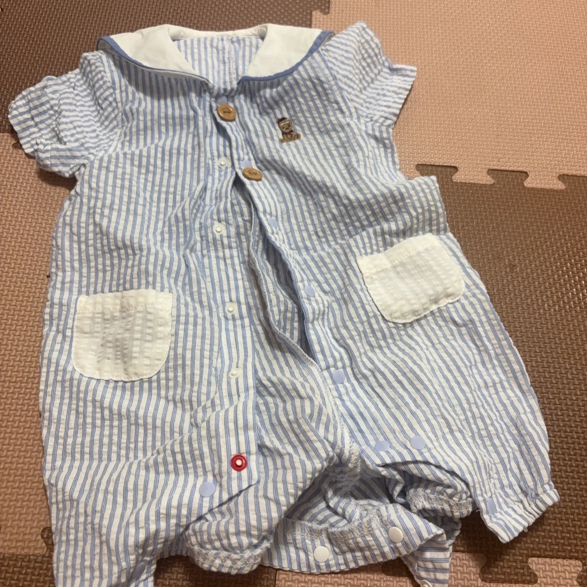 セーラー襟 ロンパース ブルー ストライプ