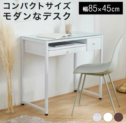 コンパクトデスク ガラステーブル ホワイトの写真2枚目