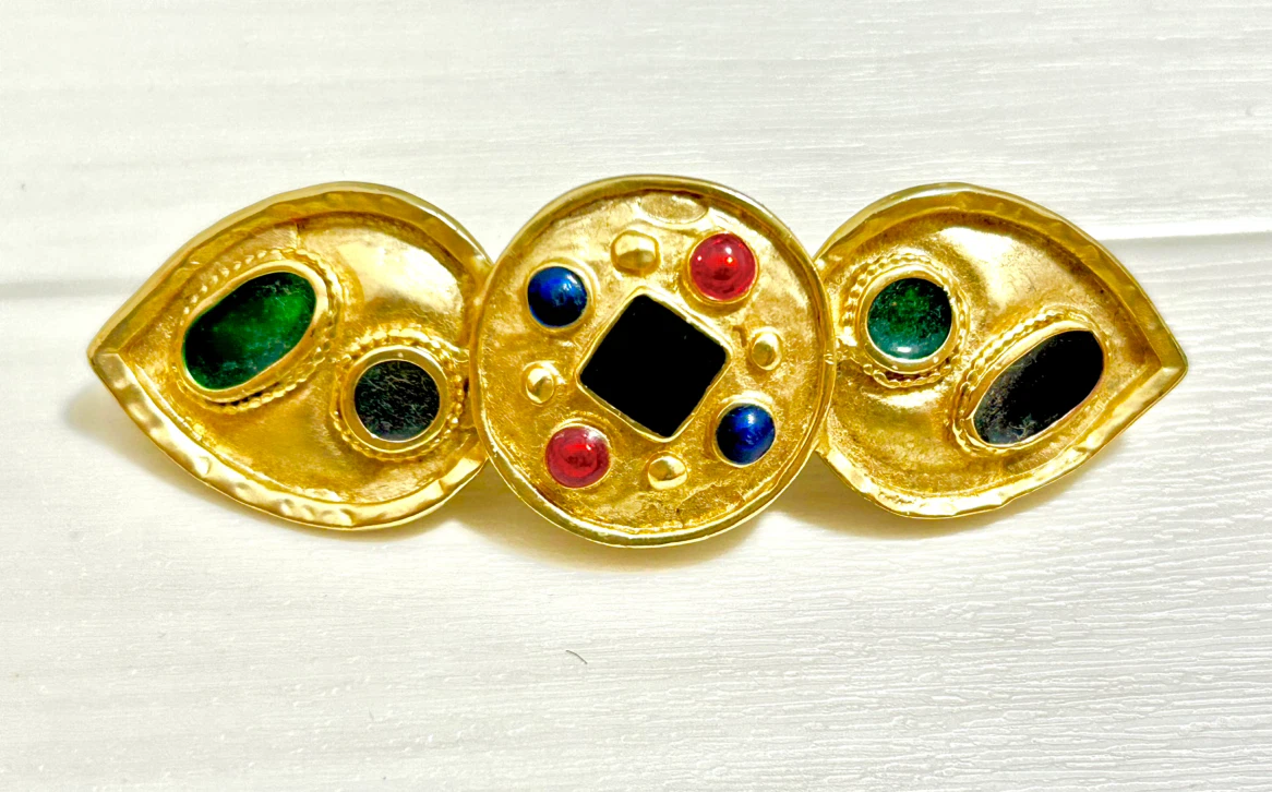 【ヴィンテージ】ゴールド カラーストーン バレッタ ヘアクリップ 9cm