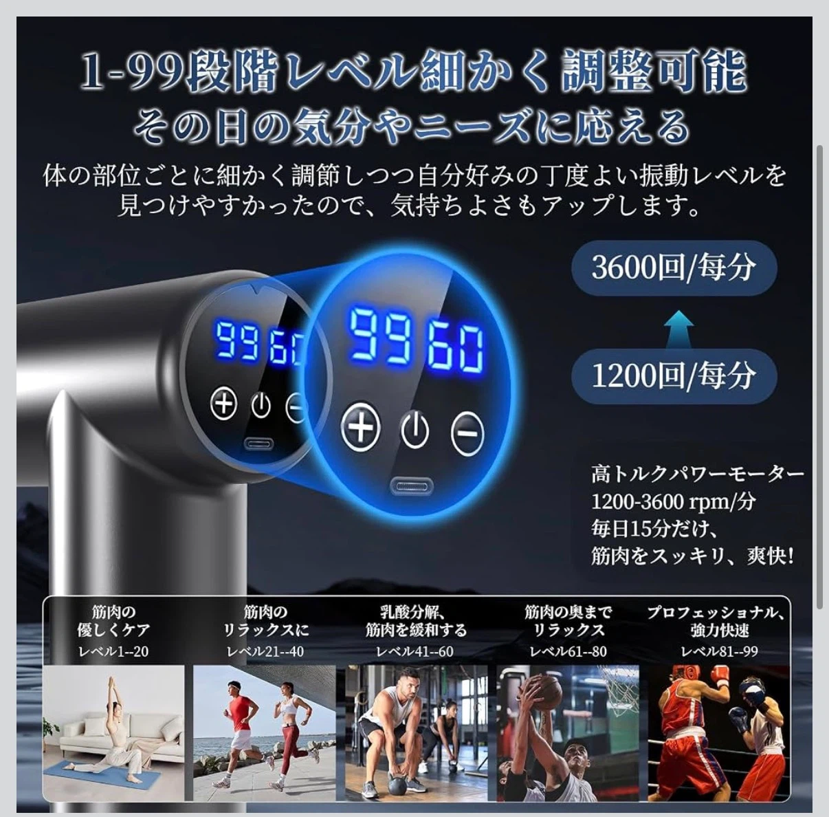 電動筋膜リリースガン 99段階調整 8種ヘッドの写真3枚目