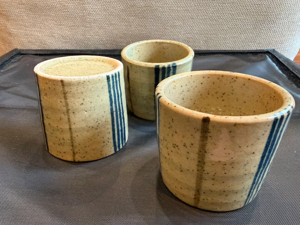 【ヴィンテージ】作家物 湯呑み・陶器フリーカップ 3個セット（ストライプ柄）