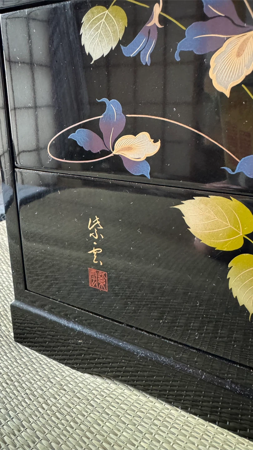 黒漆調 三段小箪笥 小引き出し 蒔絵風