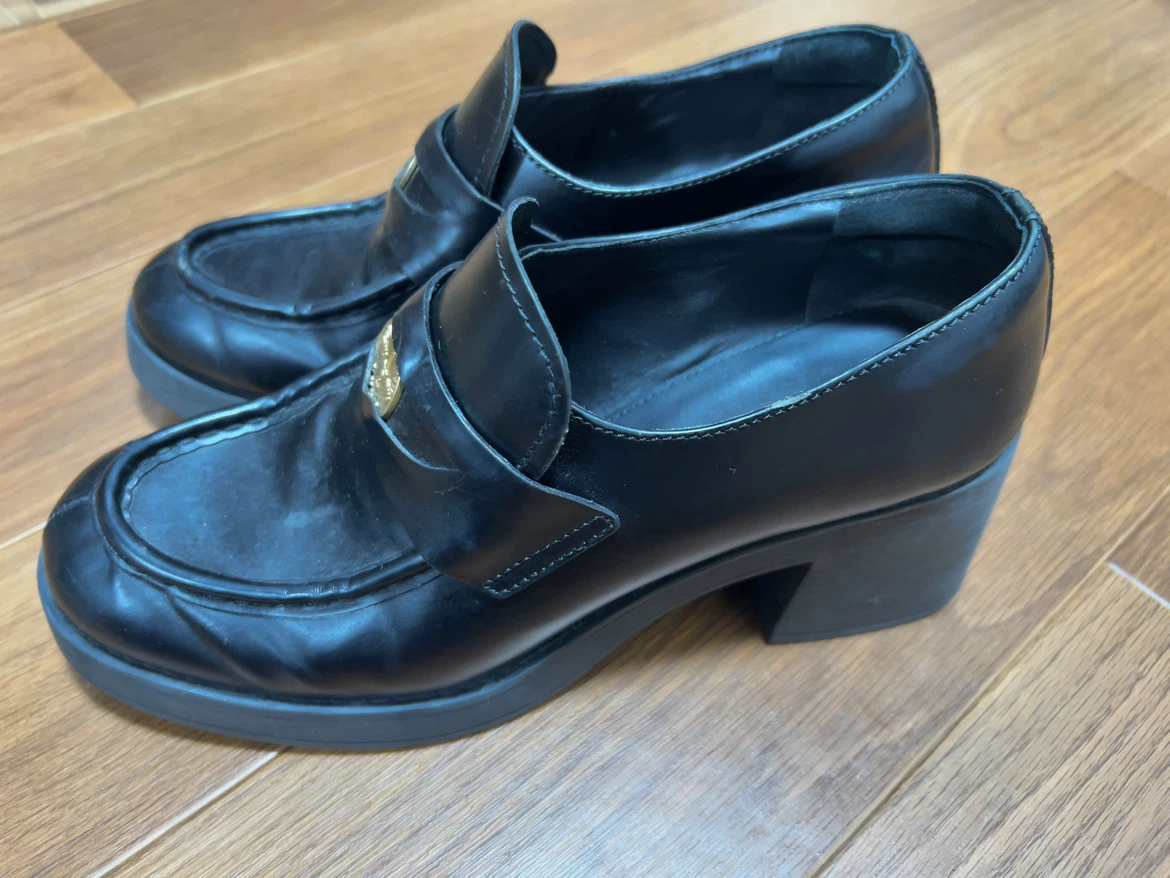 Miu Miu (ミュウミュウ) ブラッシュドレザー ペニーローファー コイン 黒の写真2枚目