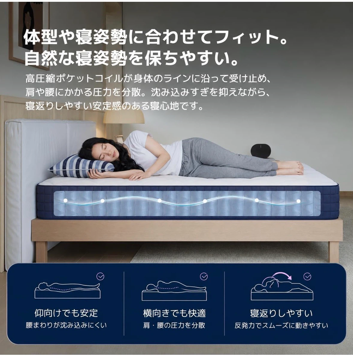 マットレスシングル しっかり硬め 厚さ20cm 高反発マットレス ポケットコイル 硬さ180Nの写真4枚目
