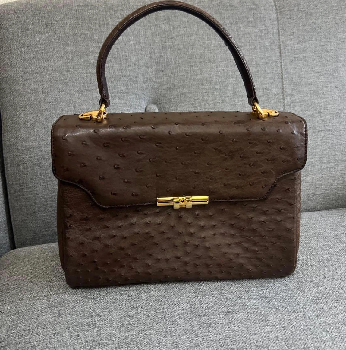 オーストリッチ ハンドバッグ ブラウン ゴールド金具