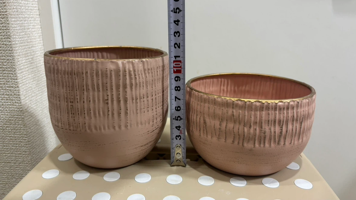 ピンク色 植木鉢 2点セット ゴールド縁