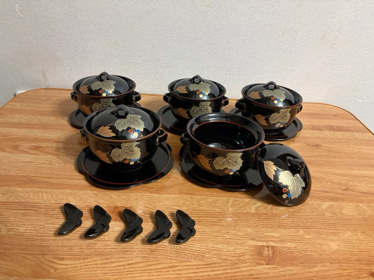 ⭐︎新品⭐︎廣斎 蓋付き碗 茶托付 5客セット　箸置き付き