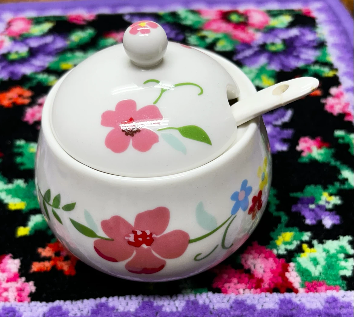 レトロ 小花柄 シュガーポット スプーン・蓋付き