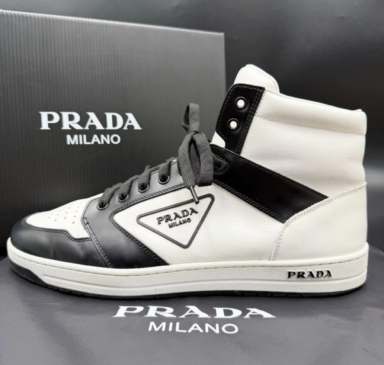PRADA/プラダ ディストリクト トライアングルロゴ ハイカットレザー メンズ スニーカー 26cm相当