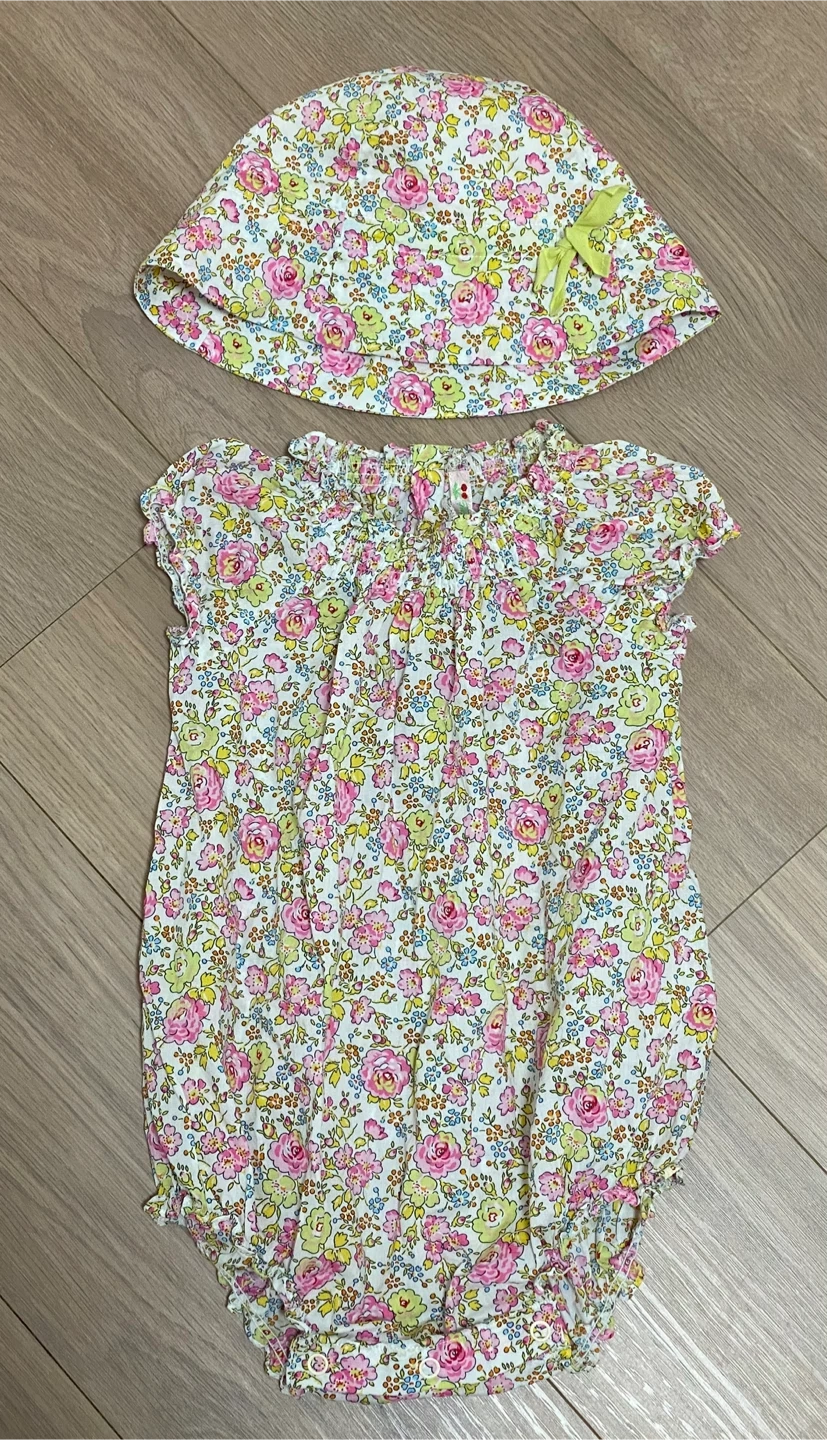 ボンポワン 小花柄 ロンパース 帽子 セット