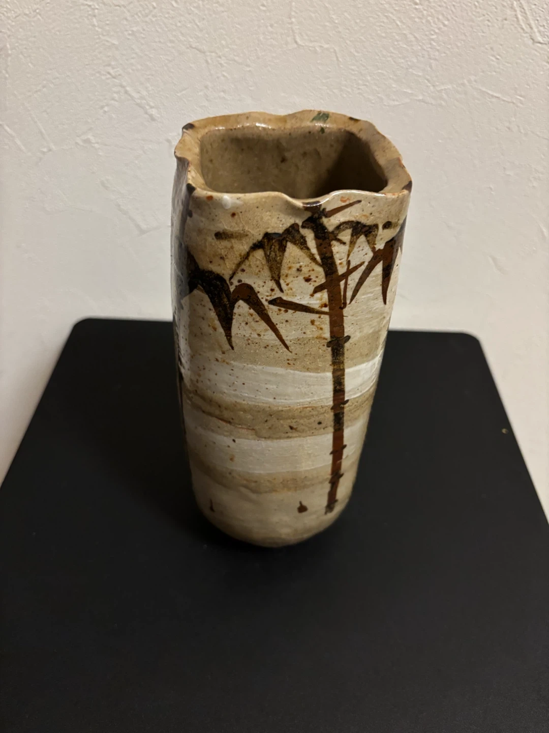美濃焼 桔梗窯 鉄絵角筒花入 手造り ヴィンテージ花器