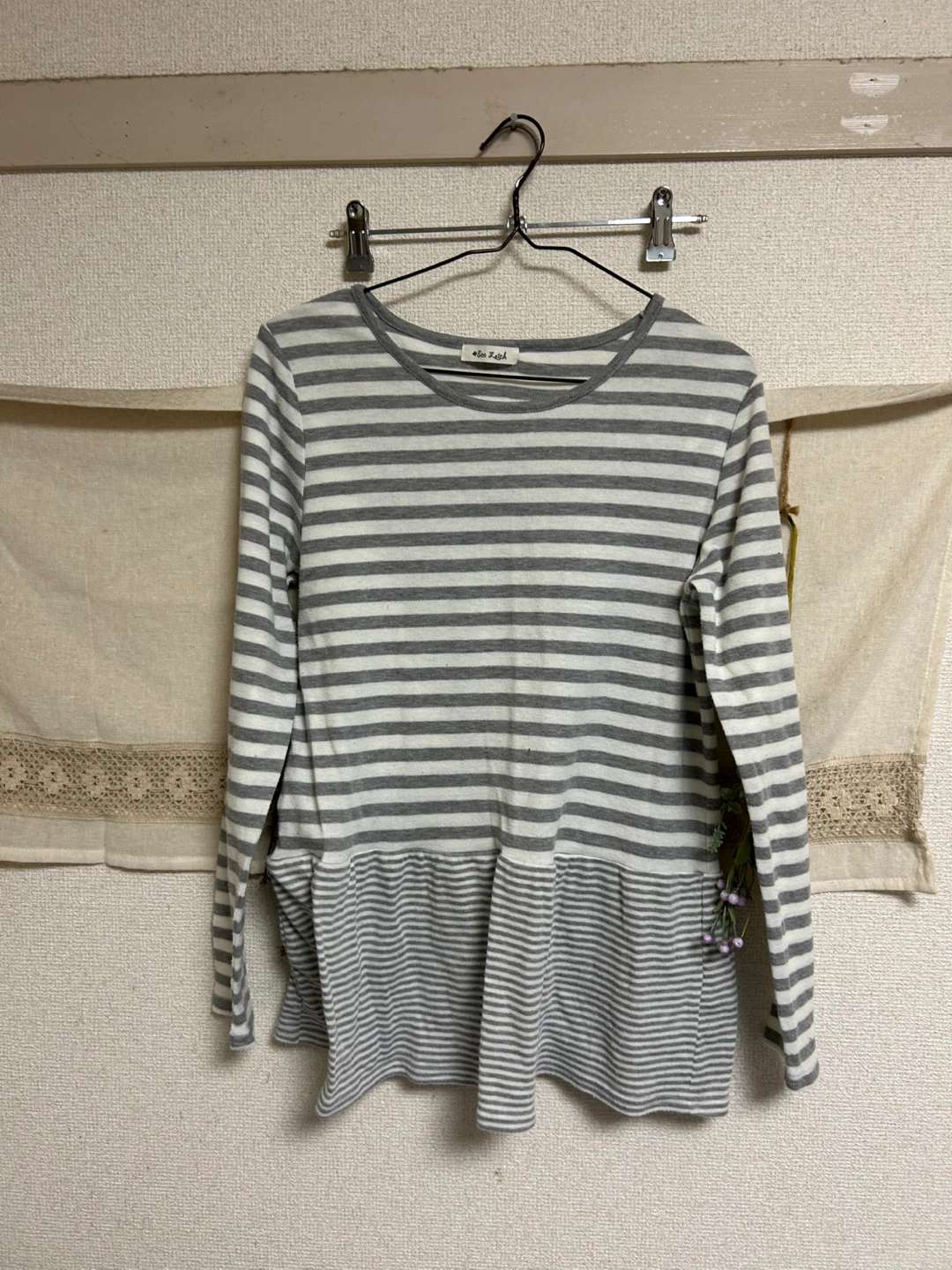 エコラッチ ボーダー柄 長袖 トップス グレー M