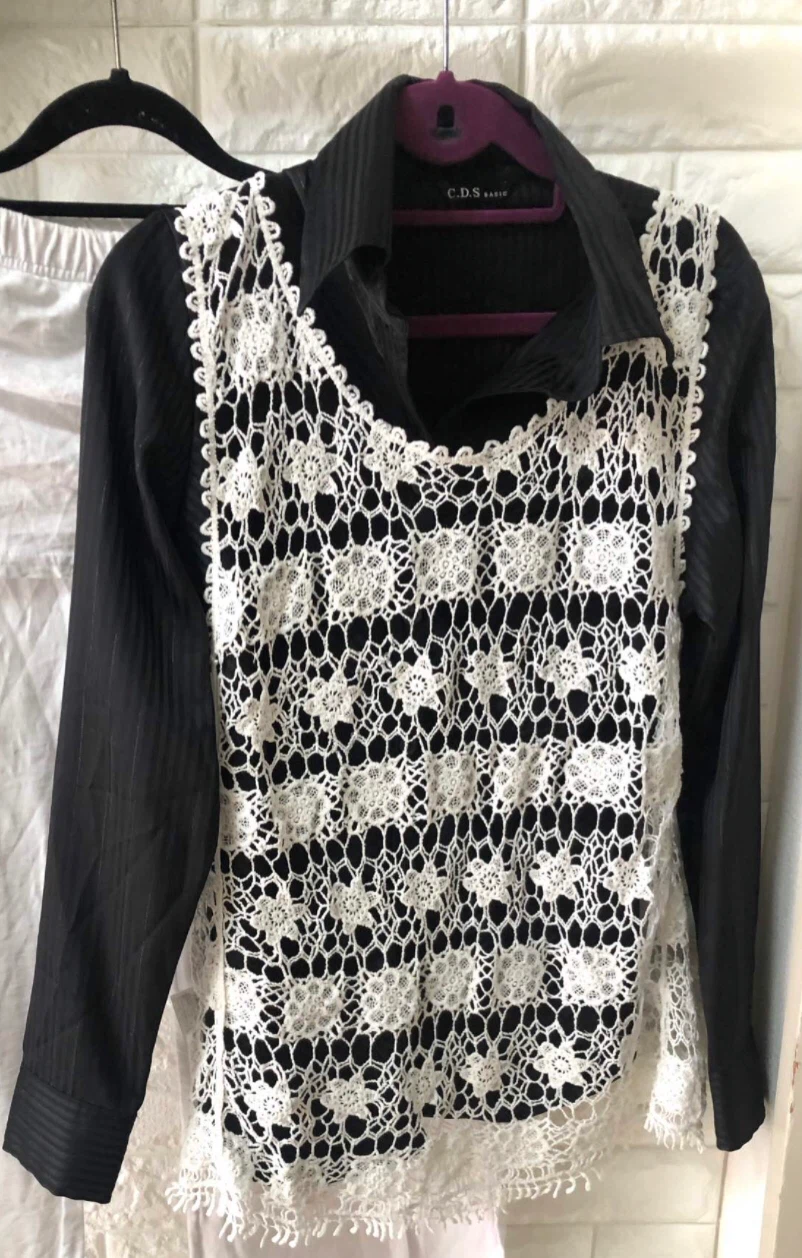 ✨🌟ツーピースセット：ドレスシャツ＋レースベスト