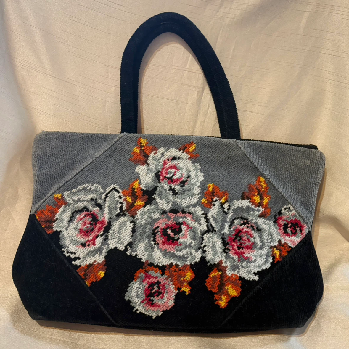 FEILER フェイラー ハンドバッグ シュニール織 花柄 グレー×ブラック