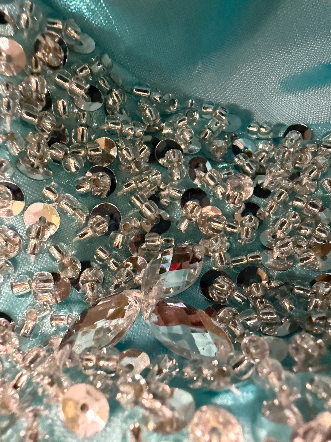 【美品】水色 ロングドレス パーティードレス ビジュー 編み上げ (S~M)の写真7枚目