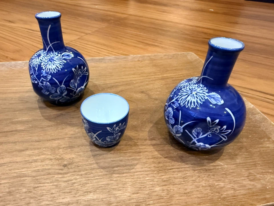 九谷焼 徳利2本・お猪口セット 染付 花柄