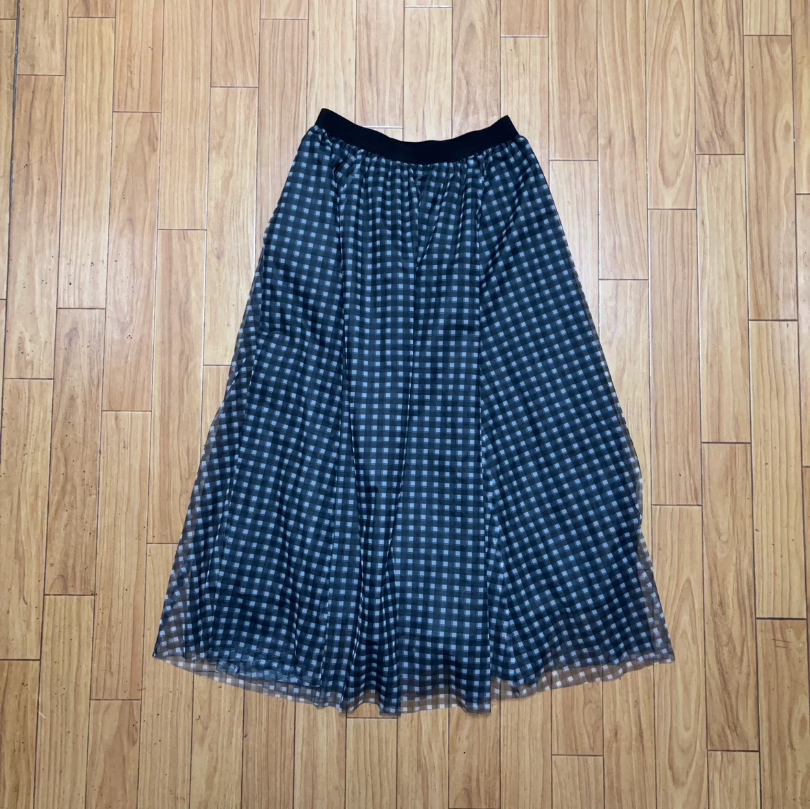 チェック柄  チュールロングスカート