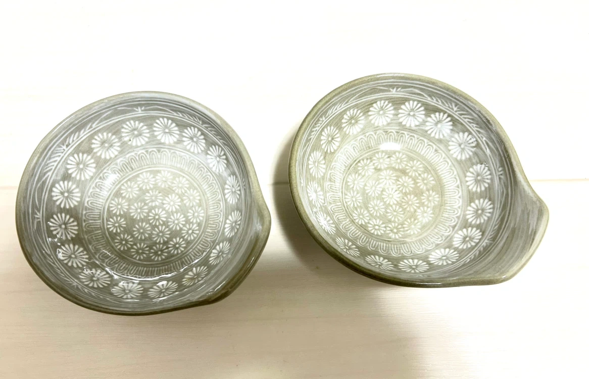 【美品】萬古焼 銀峯陶器 花三島 とんすい(大) 2枚セット 鍋取り皿 小鉢