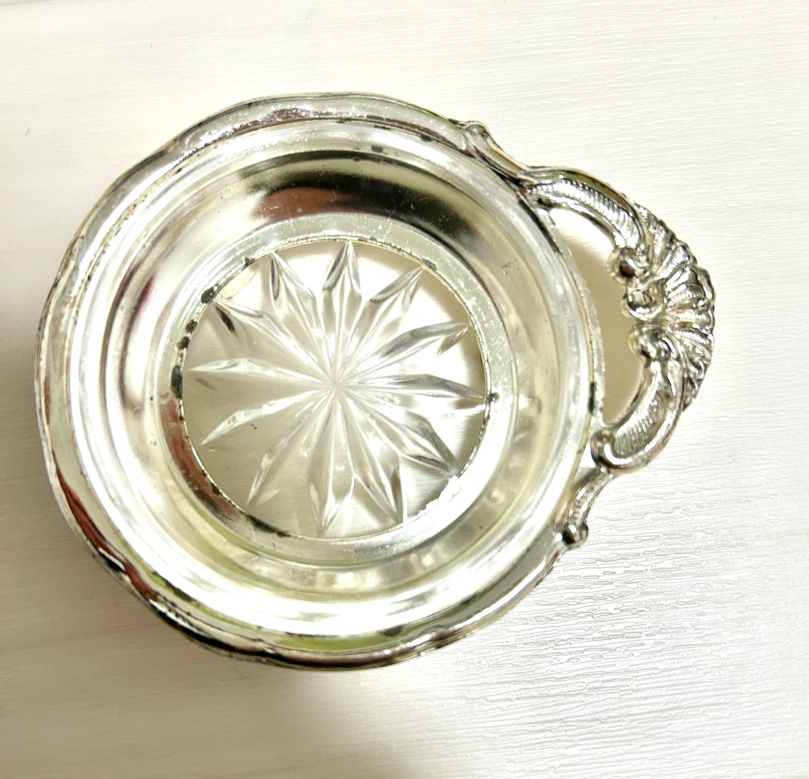 【昭和レトロ】銀食器 レモントレイ ガラス皿＆金属台座セット（脚付き）