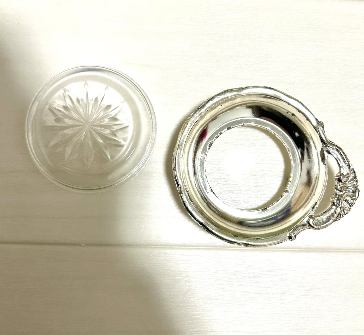 【昭和レトロ】銀食器 レモントレイ ガラス皿&金属台座セット(脚付き)の写真3枚目