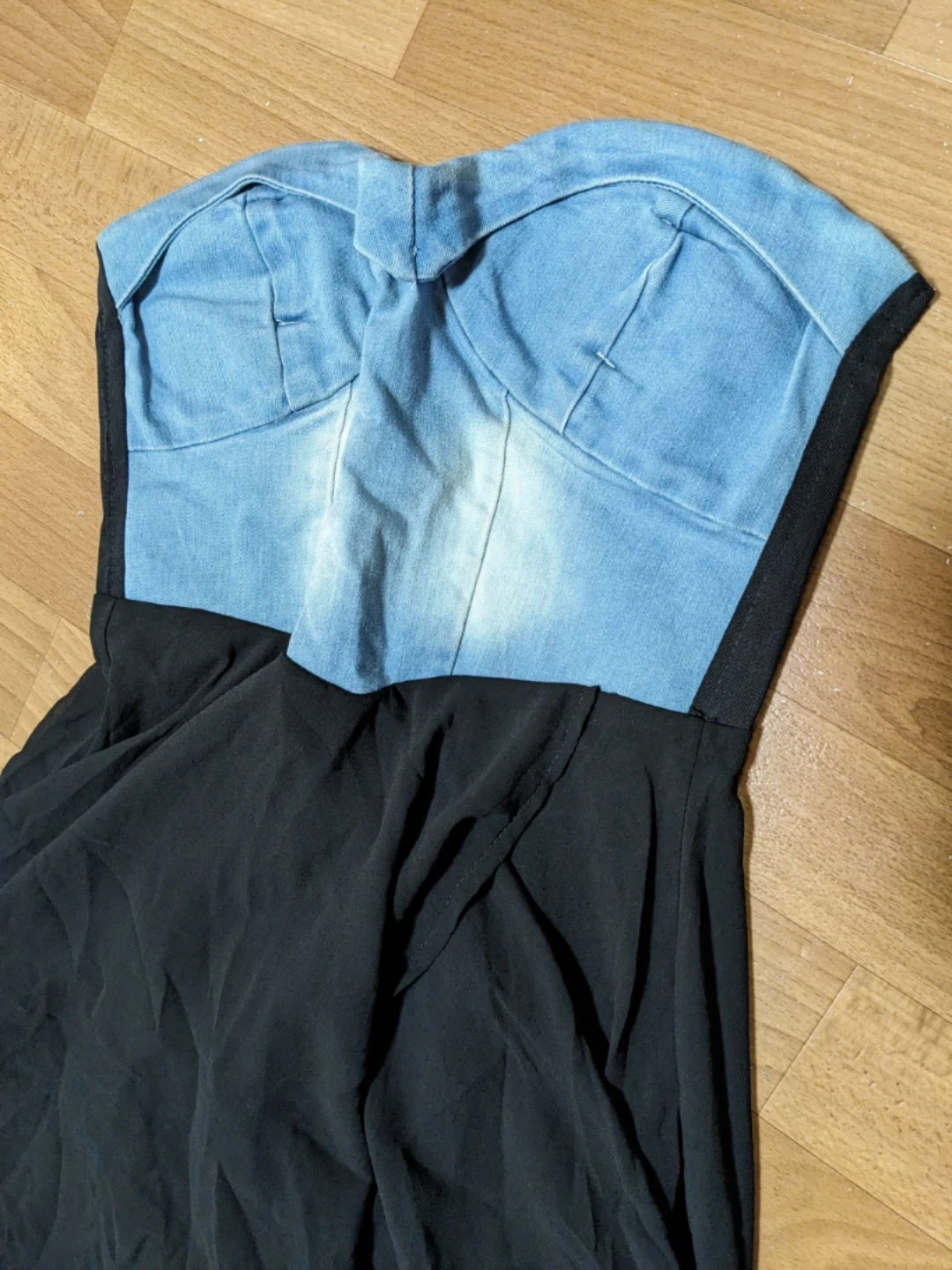 美品‎‎𖤐 ̖́-‬デニム×ブラック シフォンベアトップワンピースの写真2枚目