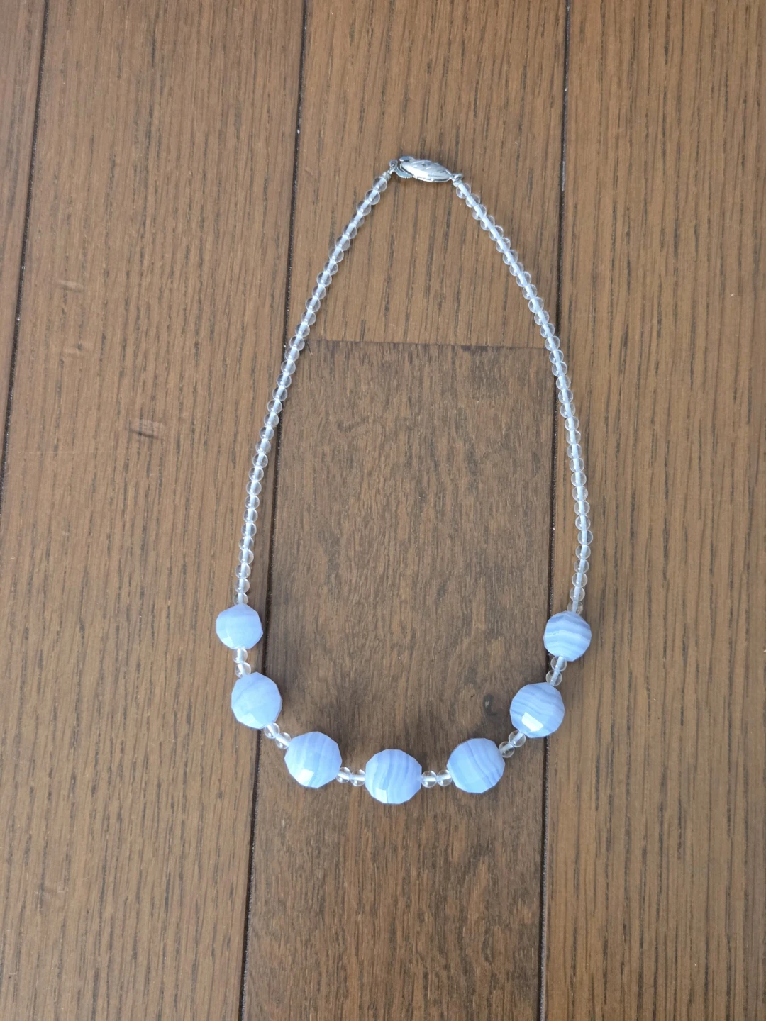 美品！ブルーレースアゲート×本水晶 ビーズネックレス 多面カット 品質保証つき