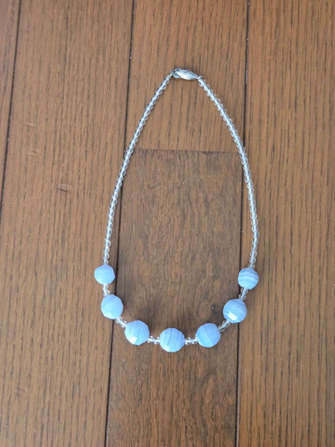 美品!ブルーレースアゲート×本水晶 ビーズネックレス 多面カット 品質保証つき