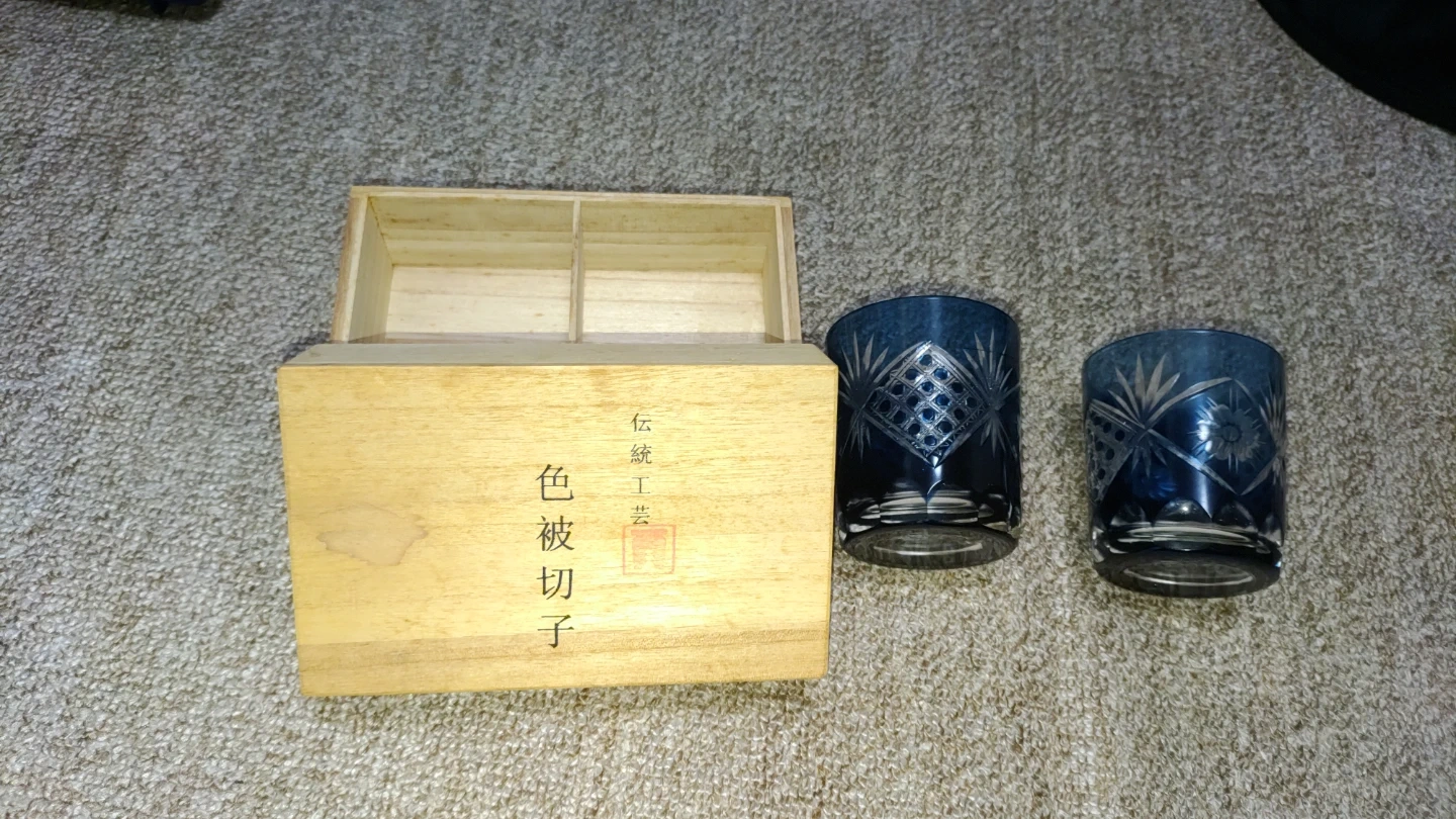 色被切子 グラス 2客セット 木箱入り