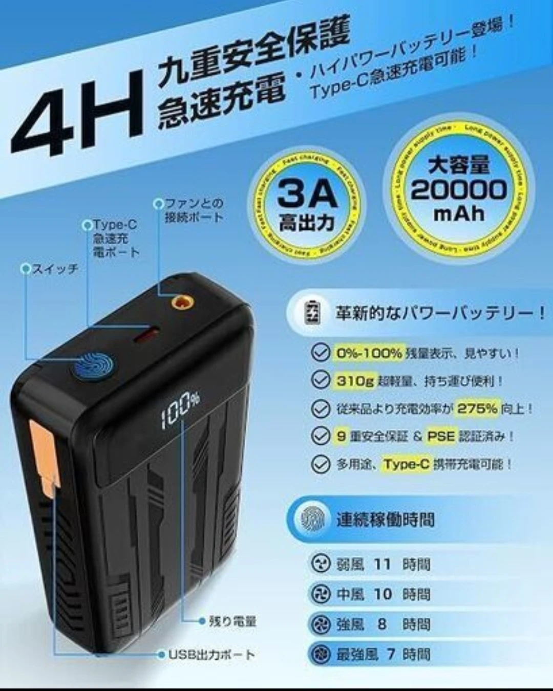 ほぼ新品 空調ベスト 4ファン 20000mAhバッテリーセット Lの写真3枚目