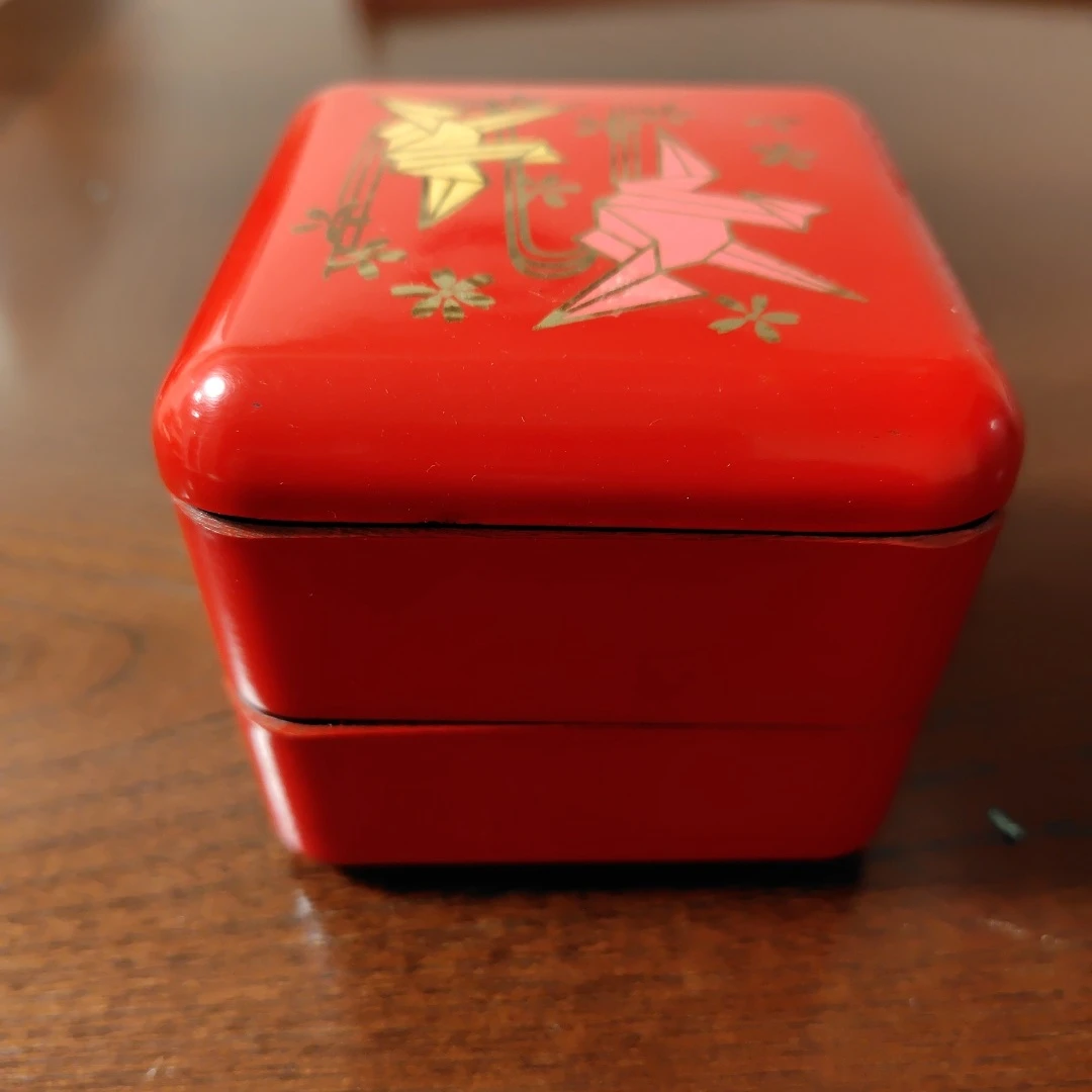 折り鶴柄 漆器風 二段重箱 朱色