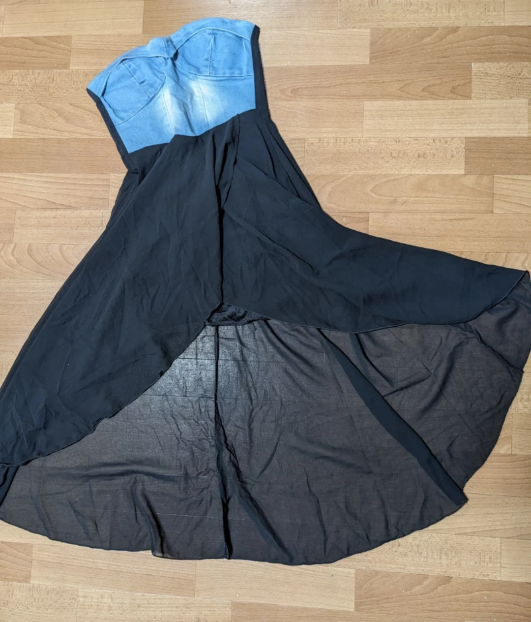 美品‎‎𖤐 ̖́-‬デニム×ブラック シフォンベアトップワンピース