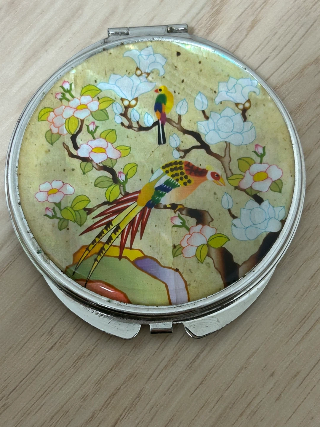 韓国伝統工芸 螺鈿細工 コンパクトミラー 両面鏡(拡大鏡付き)花鳥図の写真3枚目